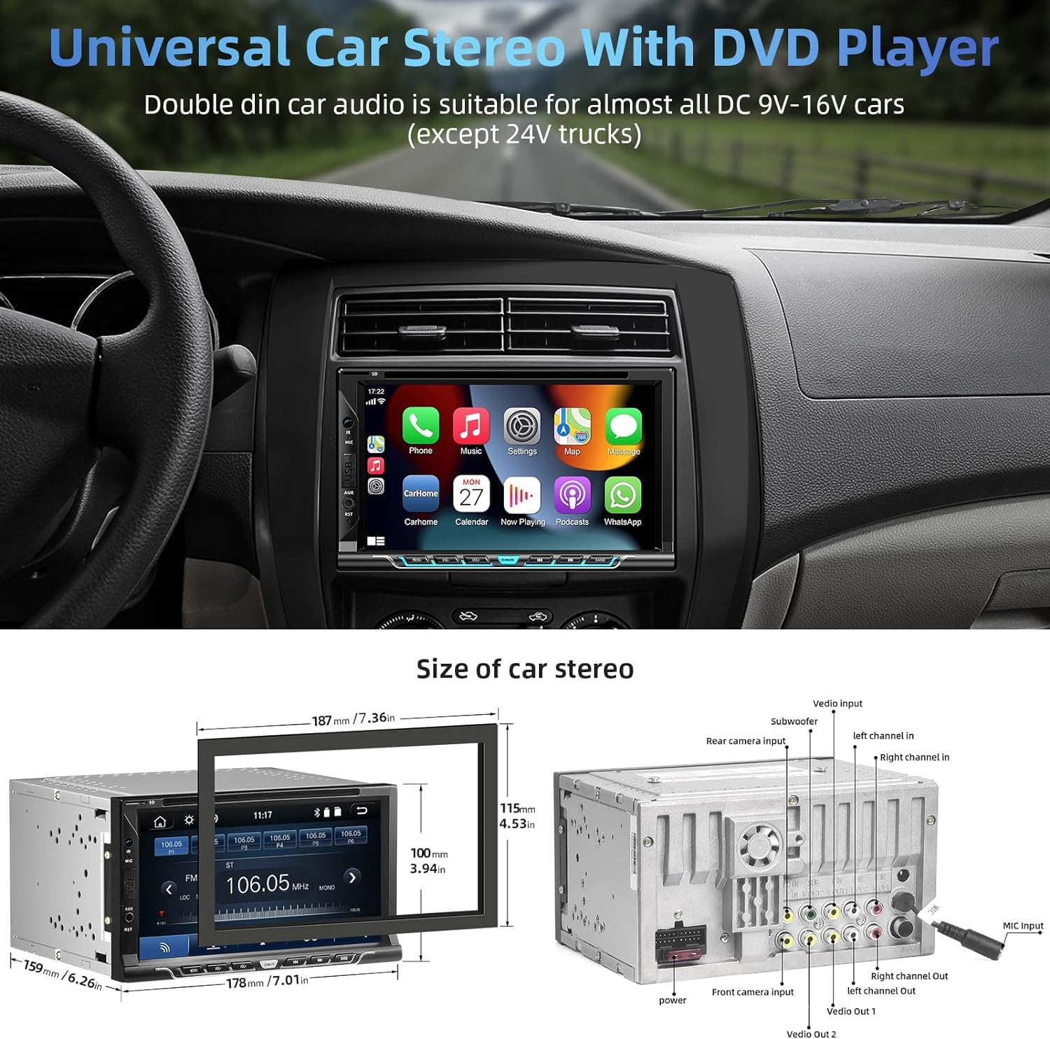 WOWiViD Double Din Car Stereo, 7 HD Touchscreen, CarPlay & Android Auto, Bluetooth, CD/DVD Player, Backup Camera, USB/TF/AUX Input, Black